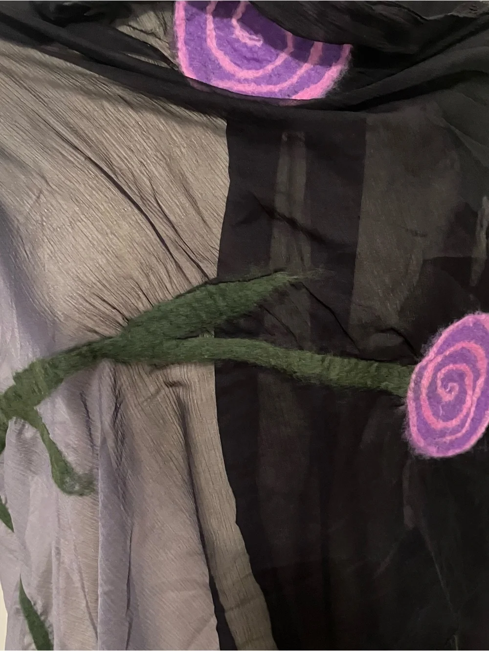 Women’s Nuno Felted Wool Flowers Black Gray Scarf Shawl Lagenlook Artsy 30 X 64